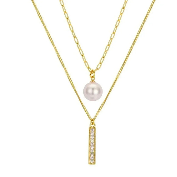 UNWRITTEN Gold Flash Plated Cubic Zirconia Bar Freshwater Pearl Layer Necklace⭐️ - Picture 1 of 2